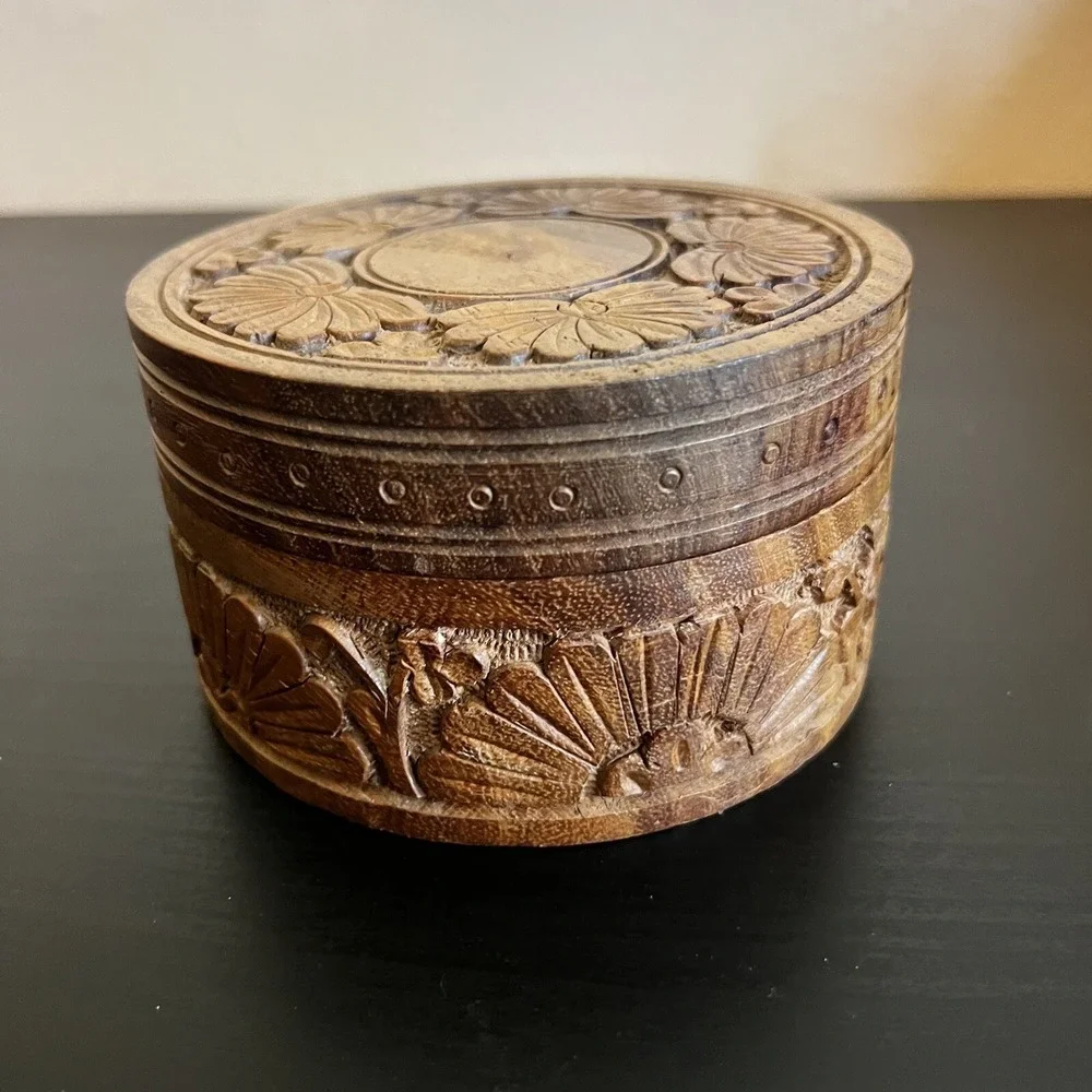 Vintage Wooden Box Floral Hand Carved Flowers Jewelry Trinket